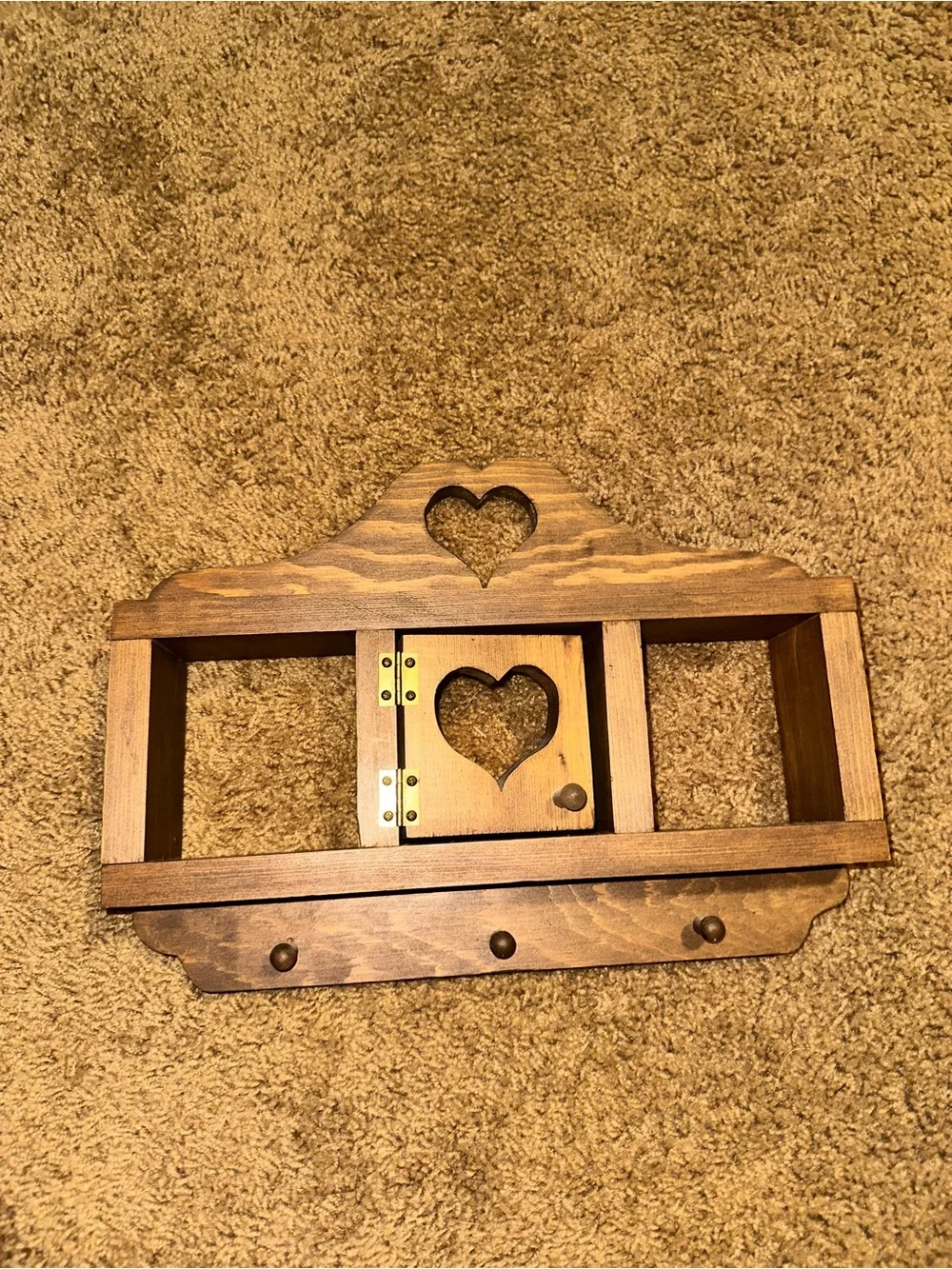 Rustic Brown Heart Cutout Wooden Wall Shelf with Hooks